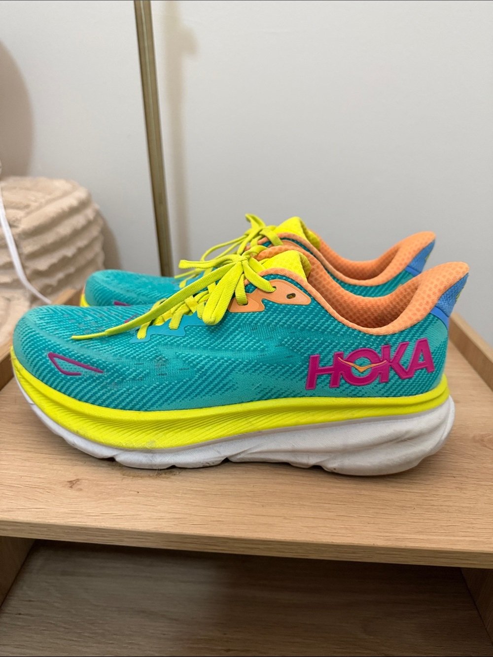 HOKA Clifton 9 Women's Running Shoe in Teal & Neon Yellow